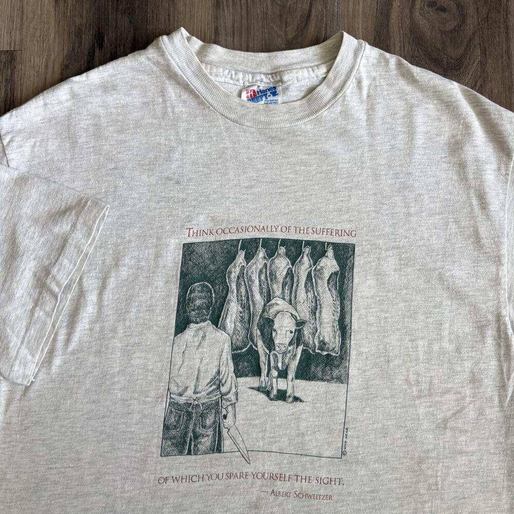 Vintage Vegetarian Vegan T-Shirt Men's Size L Gray 1990s Suffering RARE Quote
